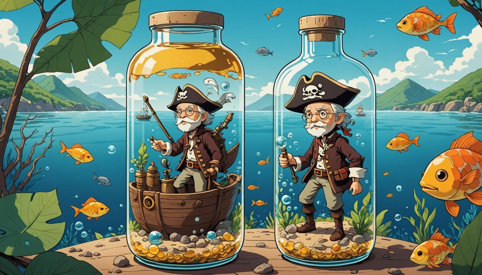 Whimsical Pirate Sails Liquid Gold Ocean in a Bottle