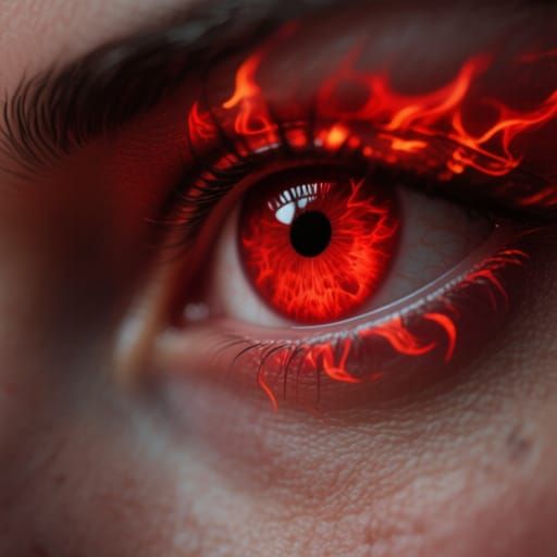 Hyperrealistic Fiery Red Eyes Close-Up