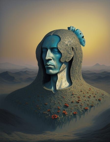 Surreal Statue with Poppy Lips Dissolving into Dust