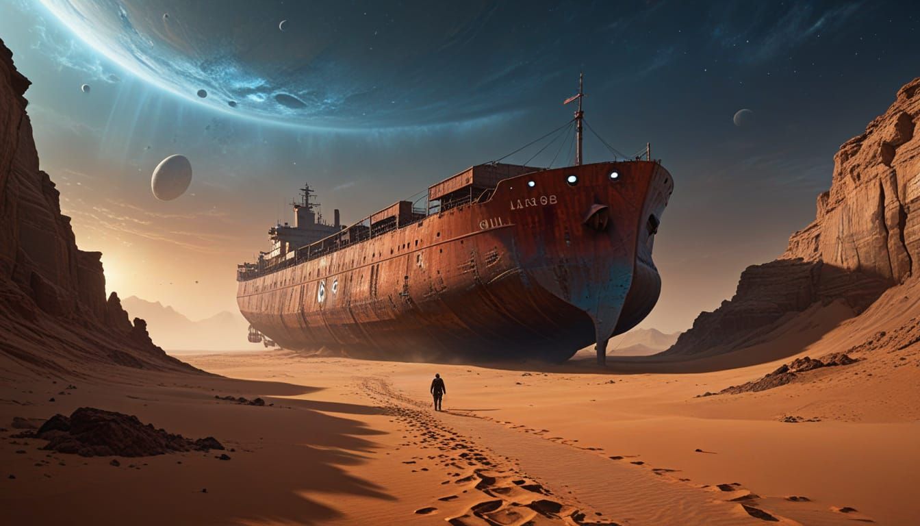 Giant Rusting Ship on Mars with Ghostly Diver