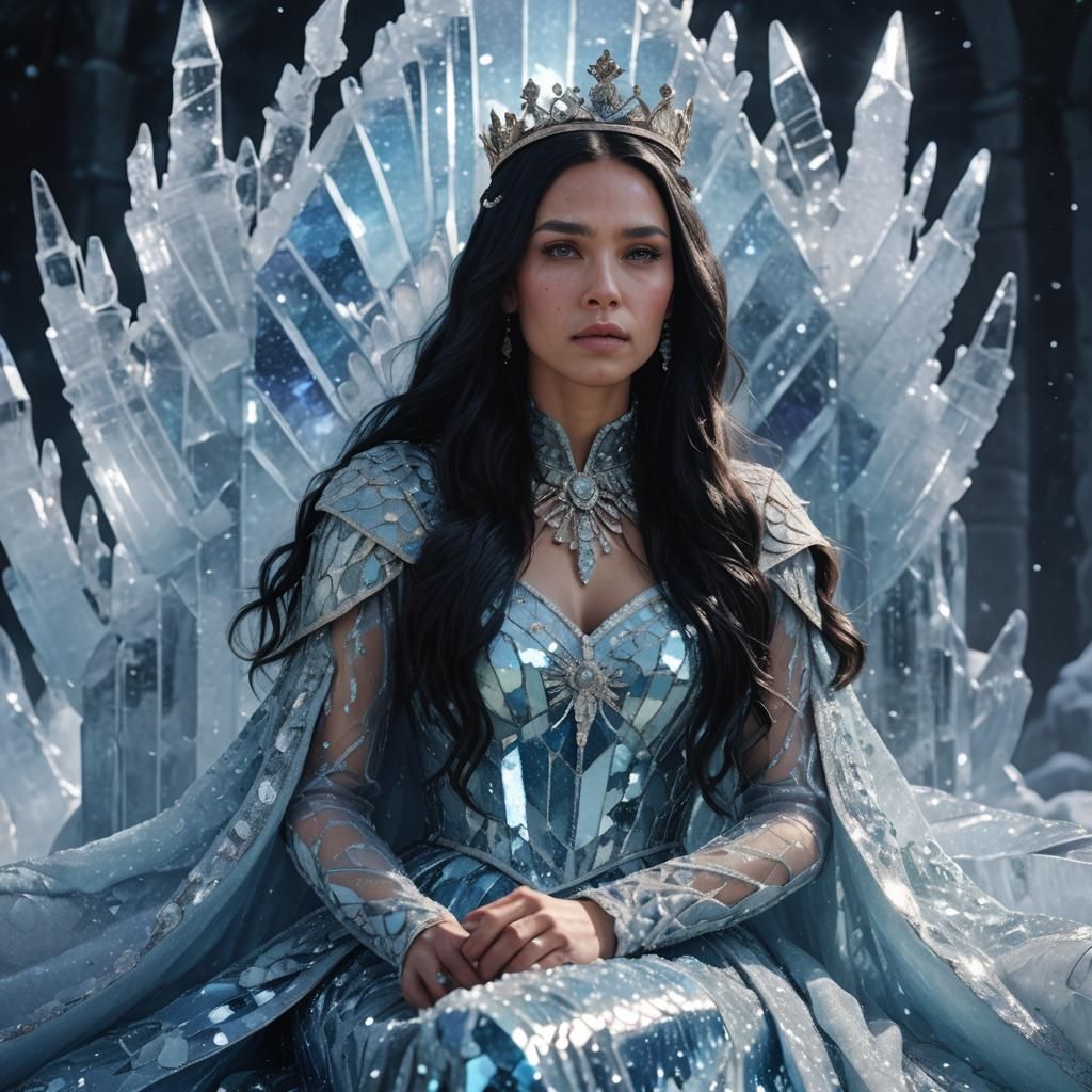 Medieval Queen on Ice Throne in Hyperrealistic Art