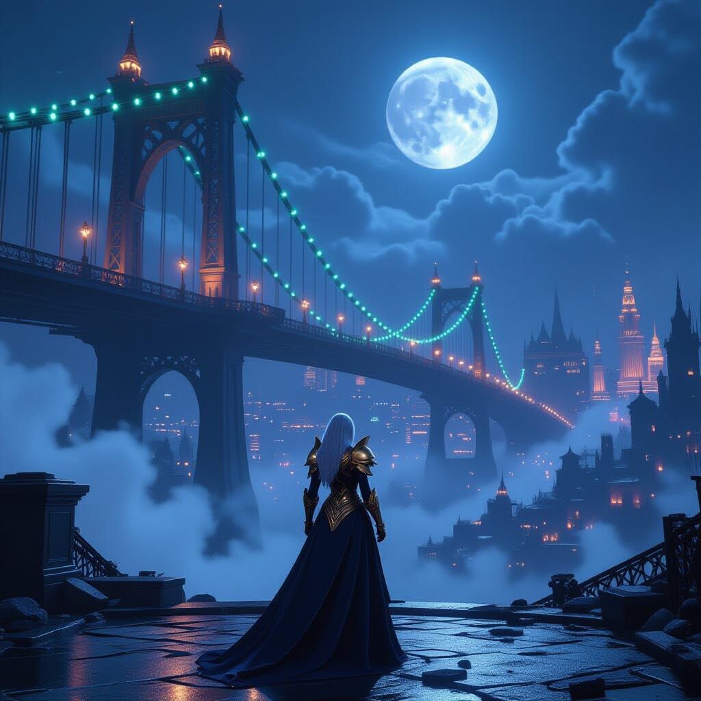 Nighttime Bridge Battle in Arcane Cinematic Style