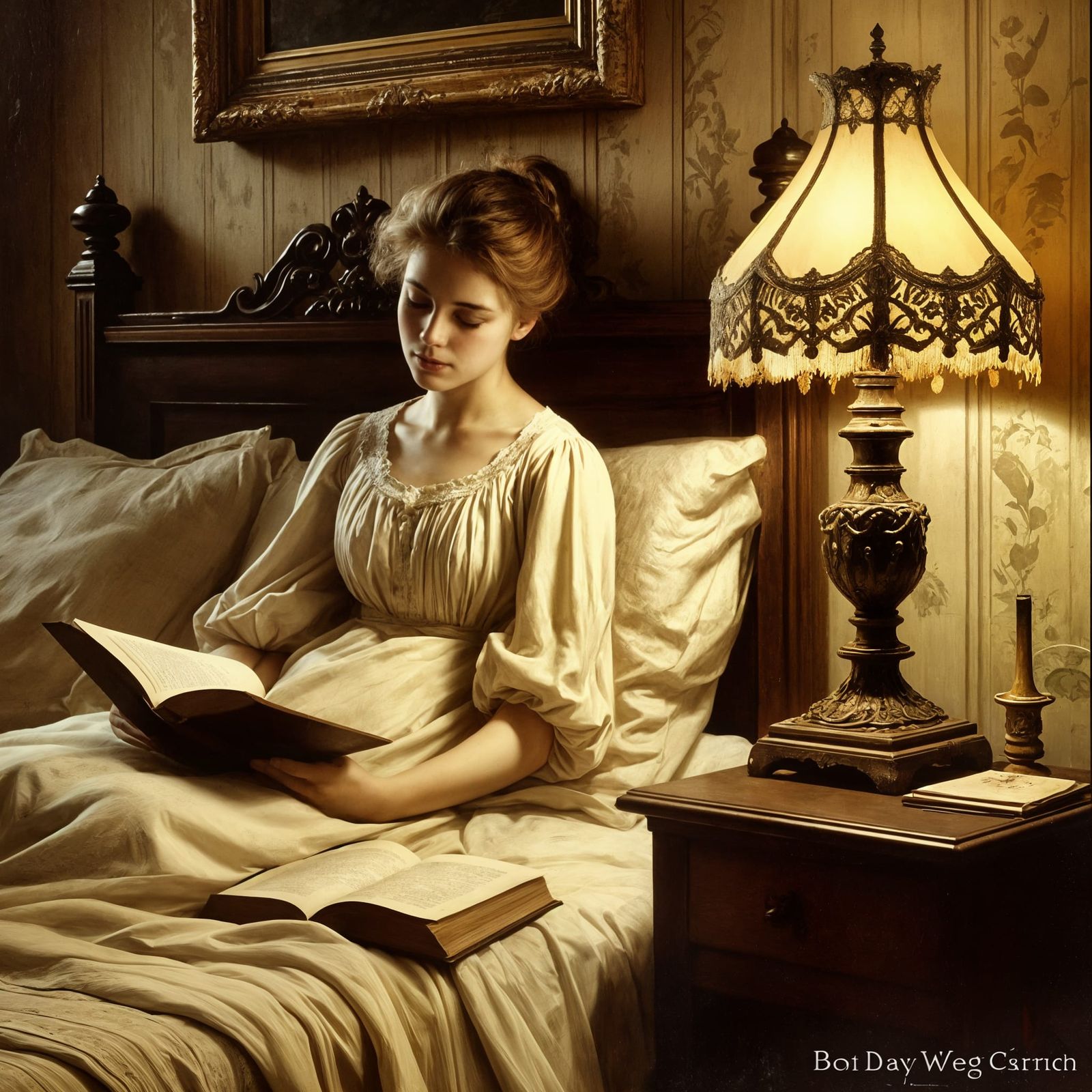 Serene Woman Reads in Bed, Inspired by Danish Golden Age Pai...