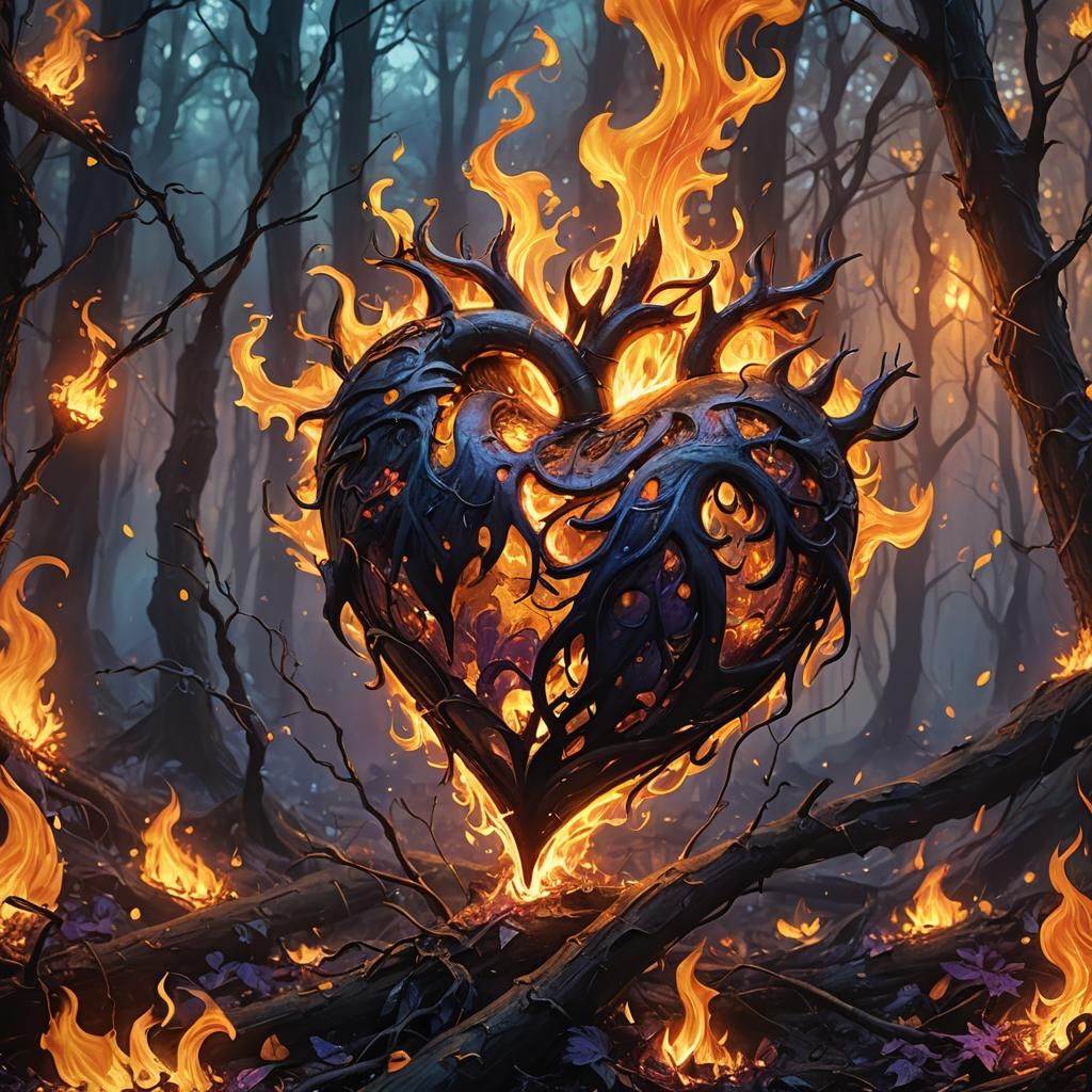 Heart Ablaze in Mystical Forest: Cinematic Oil Painting