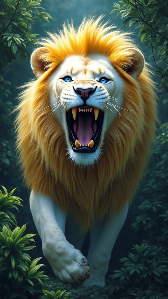 Majestic White Lion Roars in Lush Green Forest