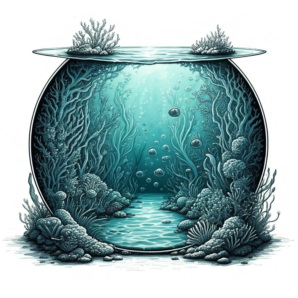 Black and white pen and ink drawing of an aquarium with a bl...