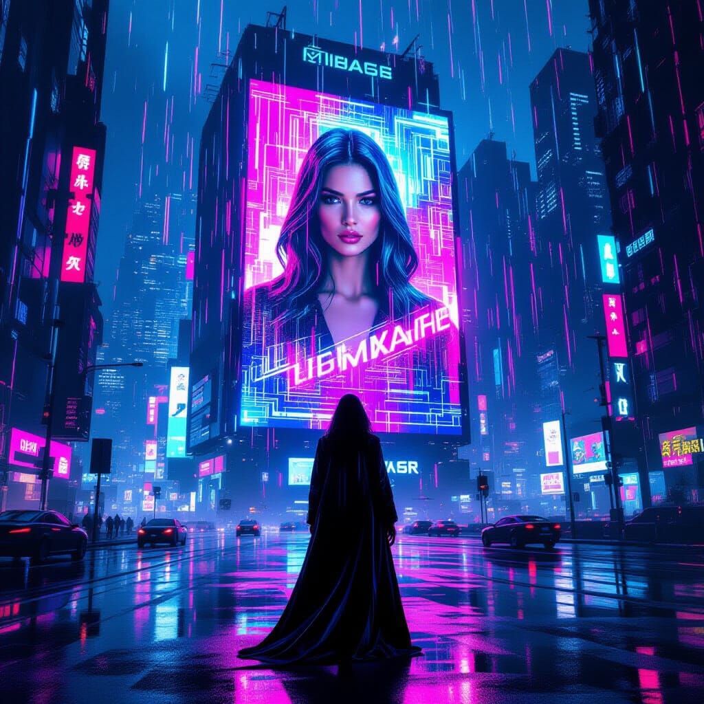 Gorgeous Woman Before Glitching Hologram in Futuristic City