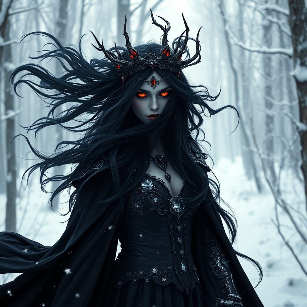 Ethereal Gothic Sorceress Confronts Frosty Winter