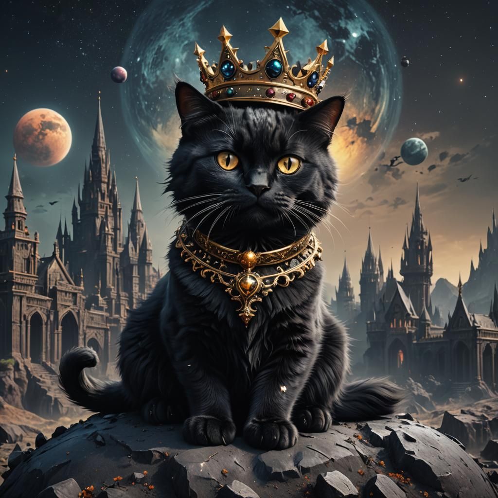 Gothic Black Cat with Crown: Fantasy Art
