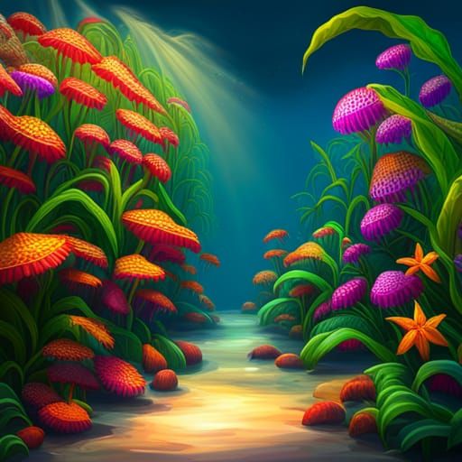 Una chumbera de muy avanzada edad en flor, flores multicolor, que está viviendo en un acuario esférico con peces tropica...