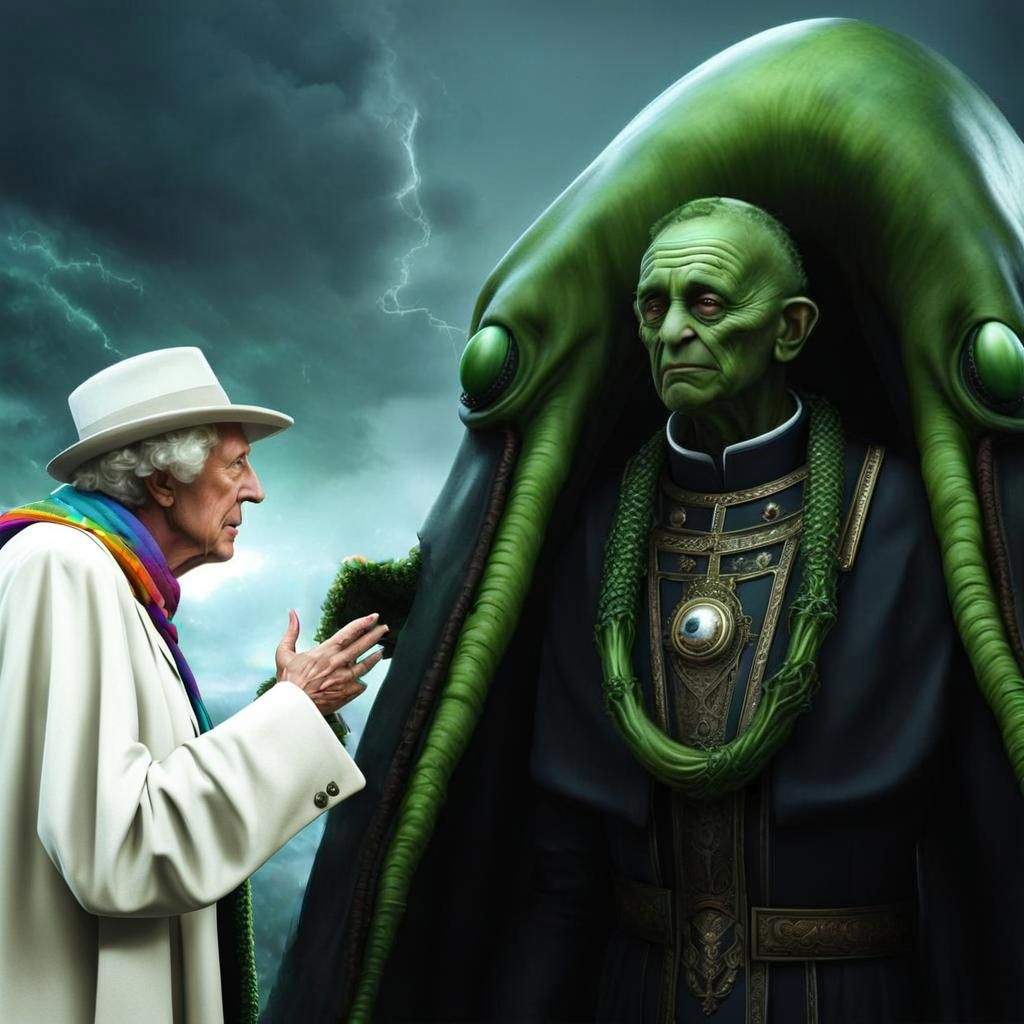 Tom Baker, as Dr Who meeting a large green alien.