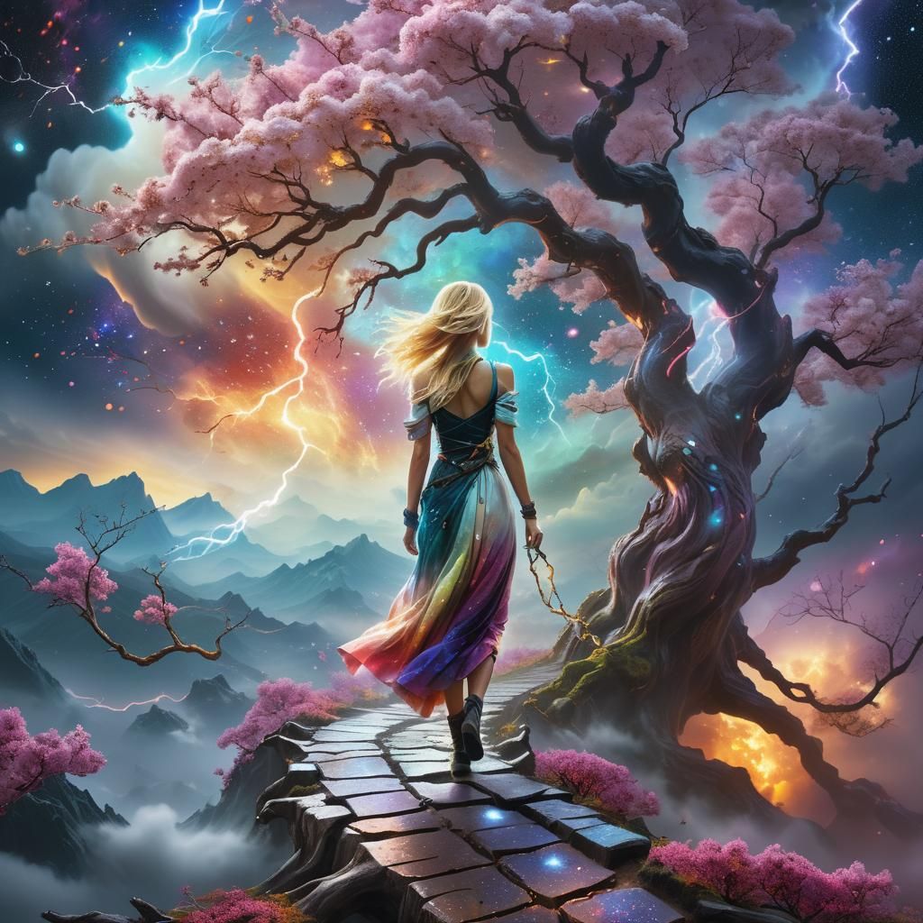 Cosmic Pathway with Woman in Surreal Landscape
