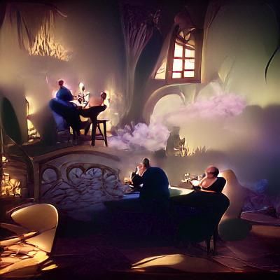 Villains Plotting in Dimly Lit Room: Fairy Tale Illustration