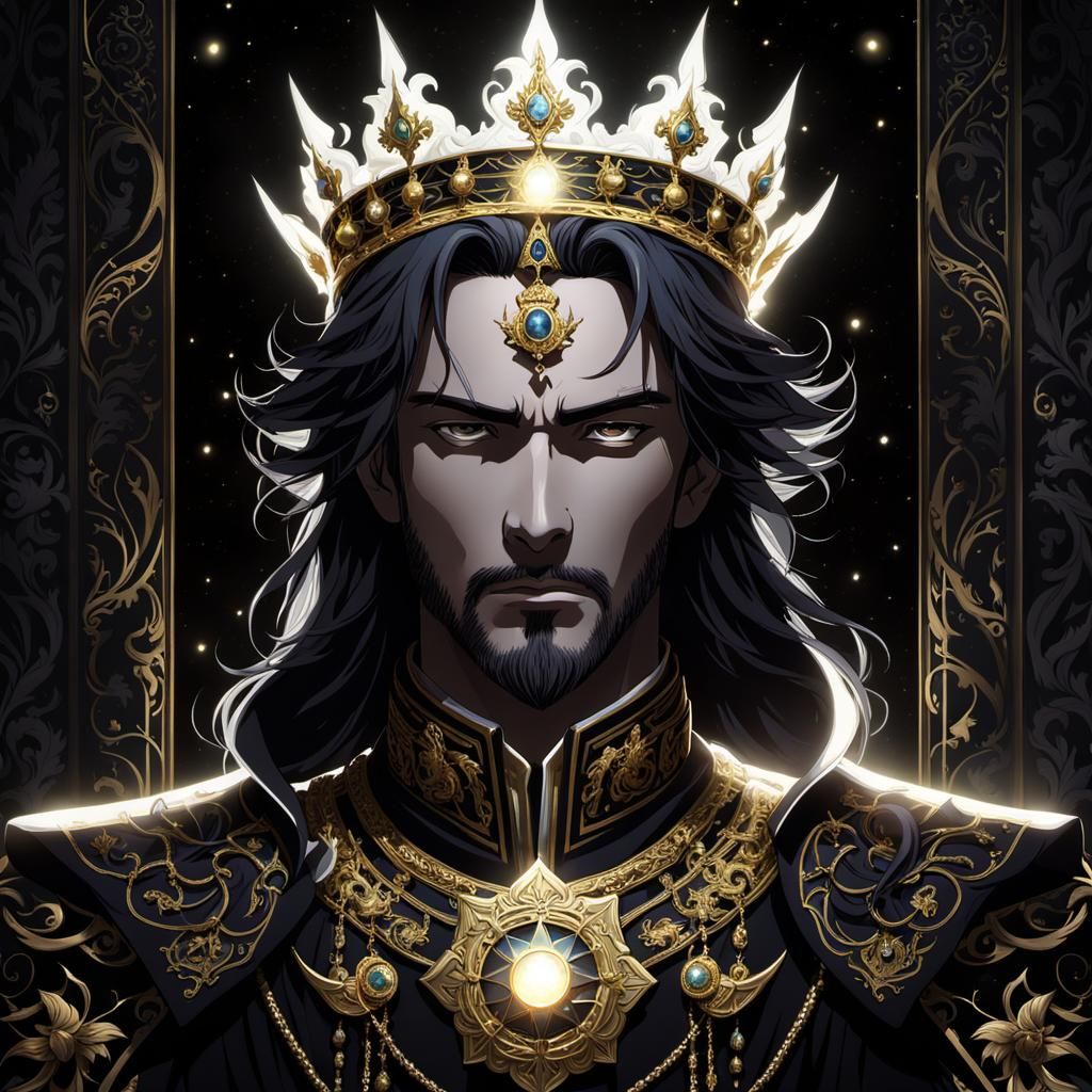 Majestic Anime King with Ornate Crown in Divine Light