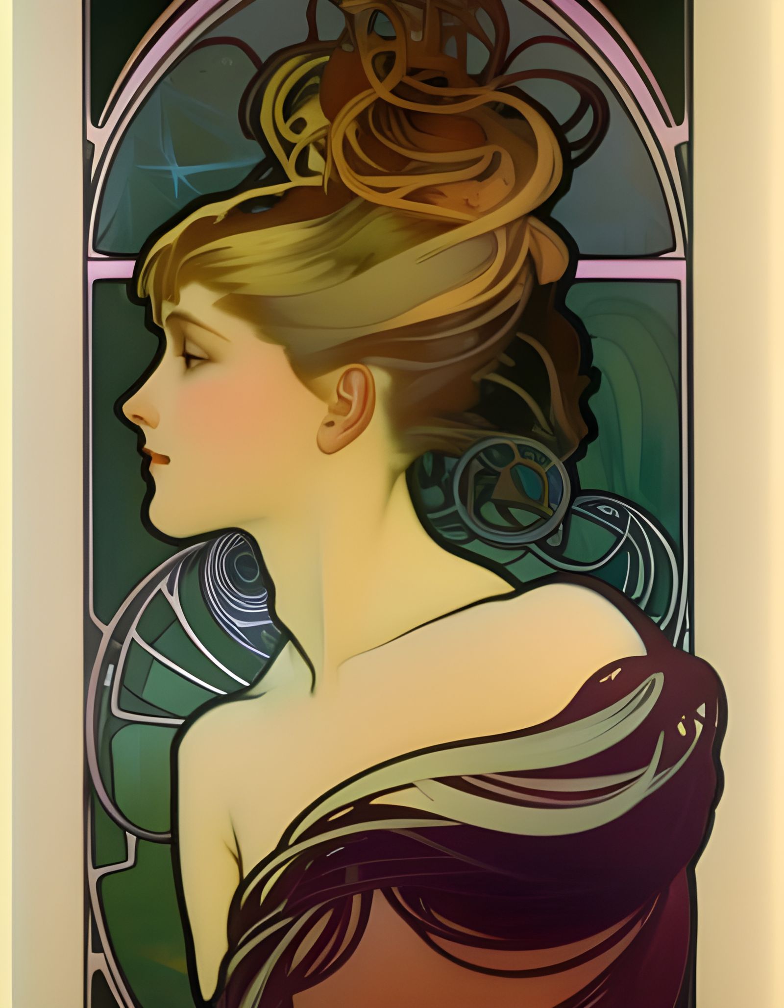 beautiful woman, mycelium network hair, painted by alphonse mucha