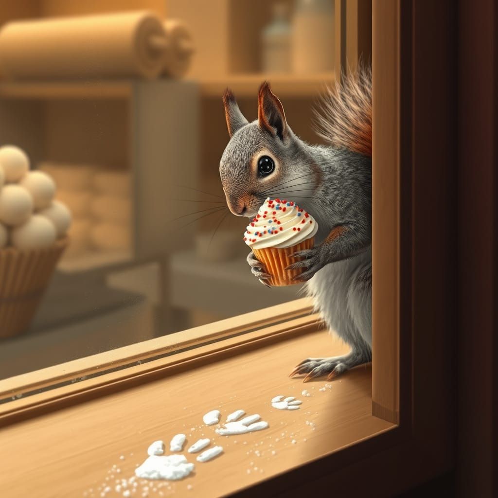 Squirrel Steals Cupcake from Bakery Window