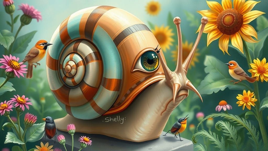 Whimsical Garden Scene with Clever Snail Investigating Myste...