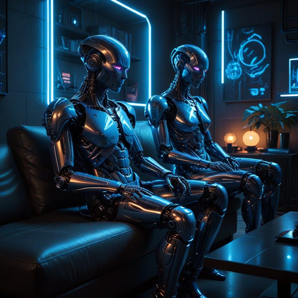 Neon Noir Robot and Human Bond in Retro Futuristic Apartment