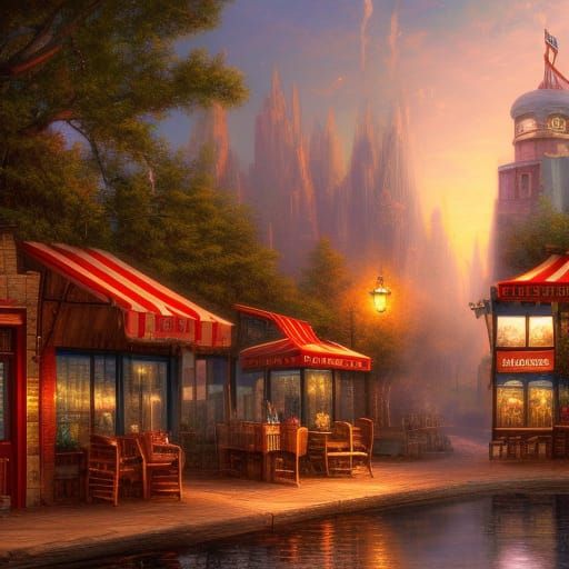 Charming Cafe in Downtown, Thomas Kincade Style