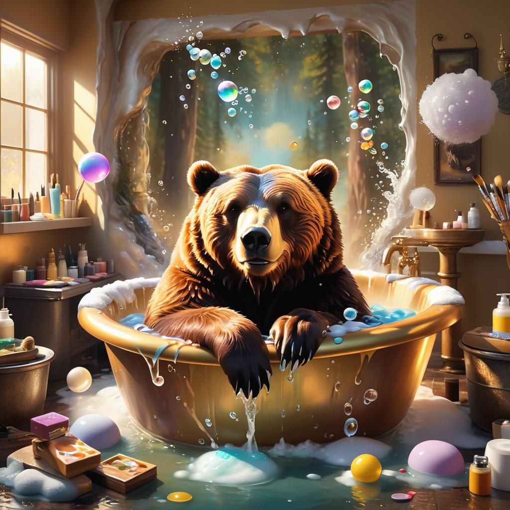 Brown Bear's Bubble Bath: Impressionistic Concept Art