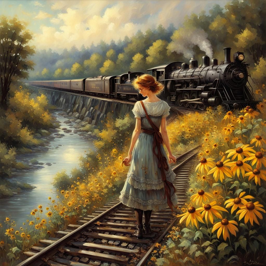 Retro Railroad River Landscape with Radiant Art Styles