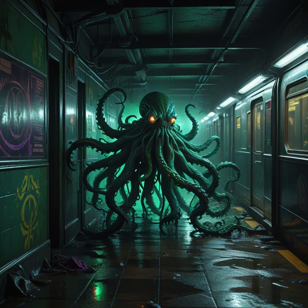 Cthulhu Emerges from Subway Shadows in Vibrant, Eerie Art