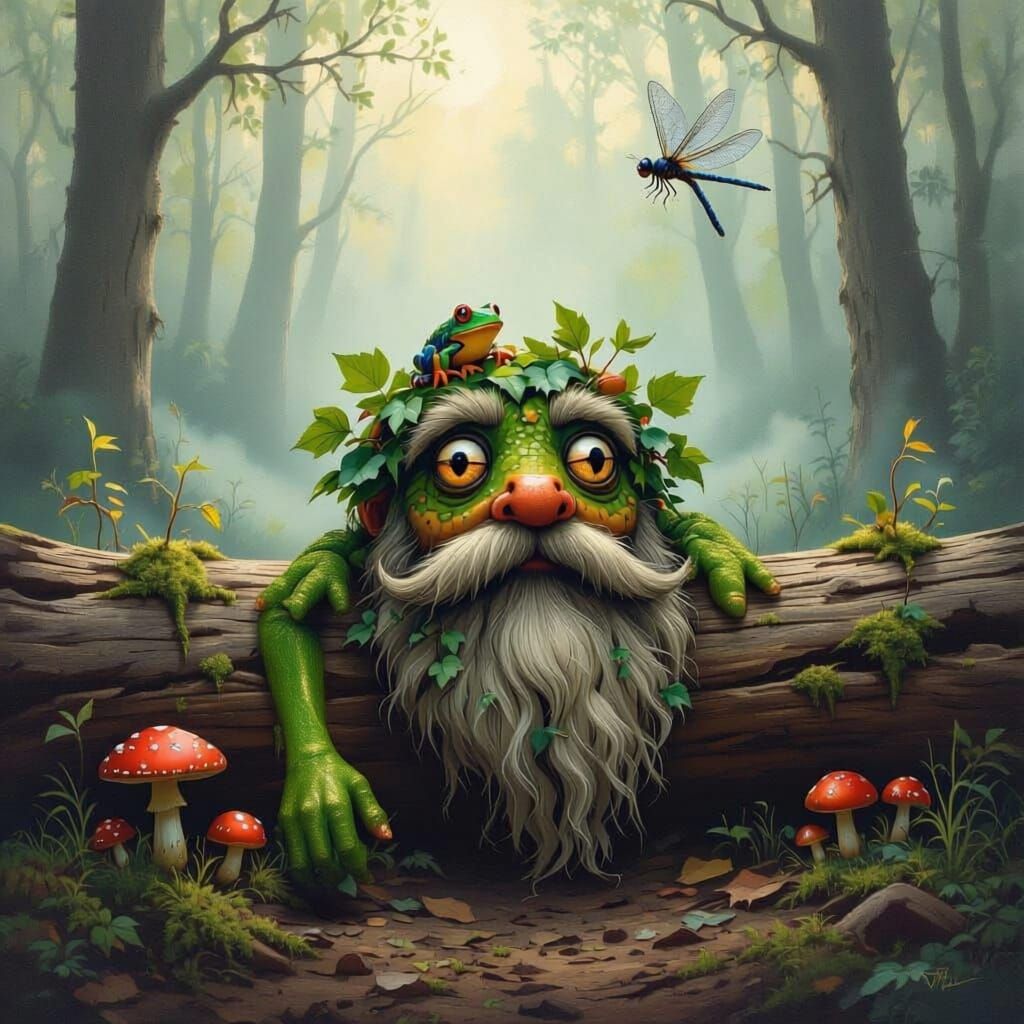 Forest Log Creature with Frog and Dragonfly, Oil Painting