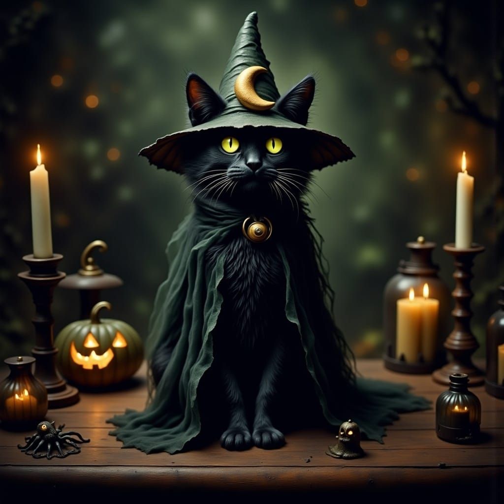 Black Cat Witch in Dark, Moody Realism