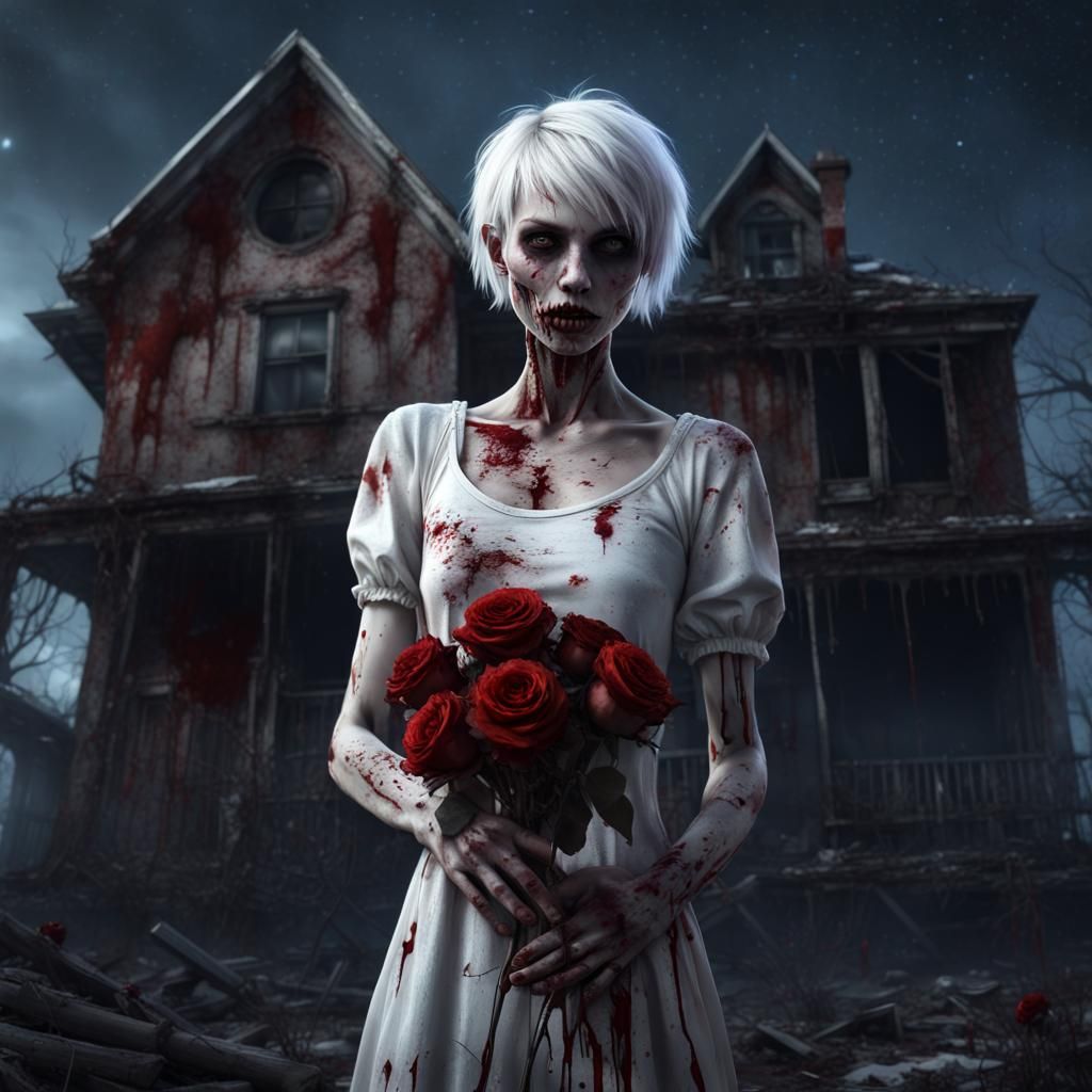 Creepy haunting bloody short hair white chalky skin zombie girl holding a dead rose,