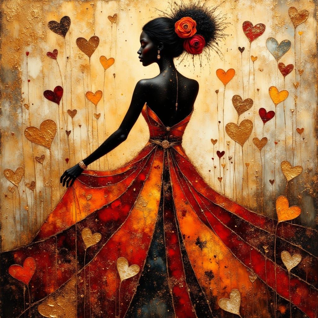 African Princess Silhouette with Hearts, Encaustic Impasto