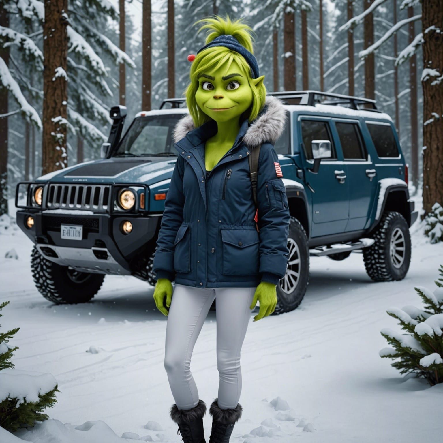 Grinch Furry Girl in Winter Forest, Hyperrealistic Art