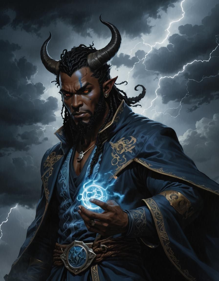 Tiefling Storm Sorcerer Soaring in Lightning Storm