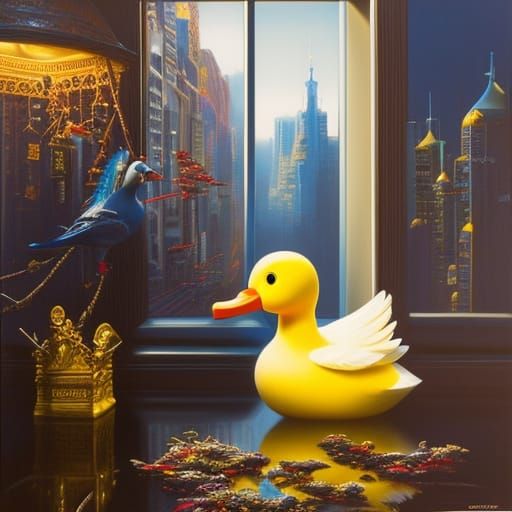 Rubber Duck Office Worker: Photorealistic Oil Painting