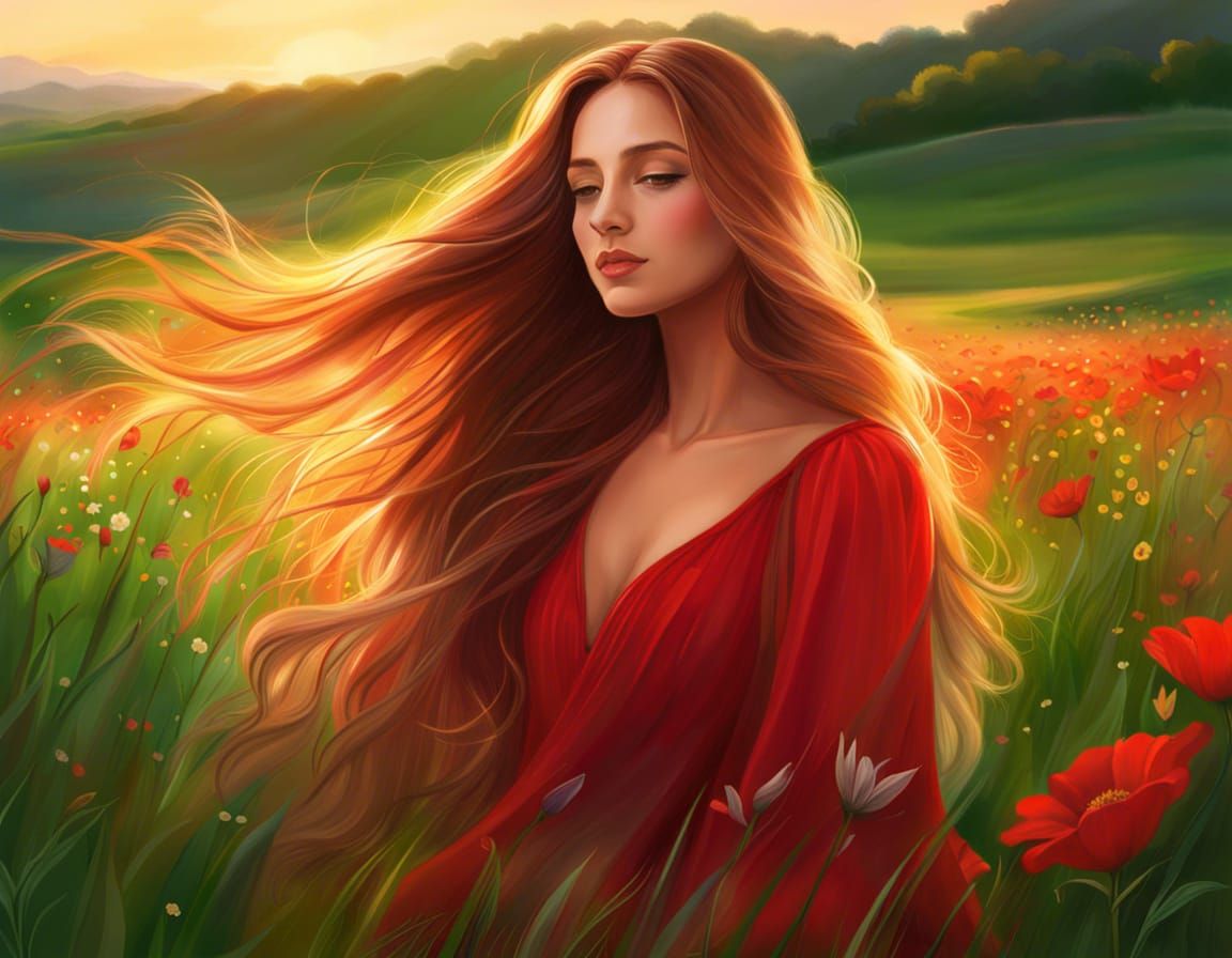 Woman in Red Dress in Lush Meadow Digital Painting