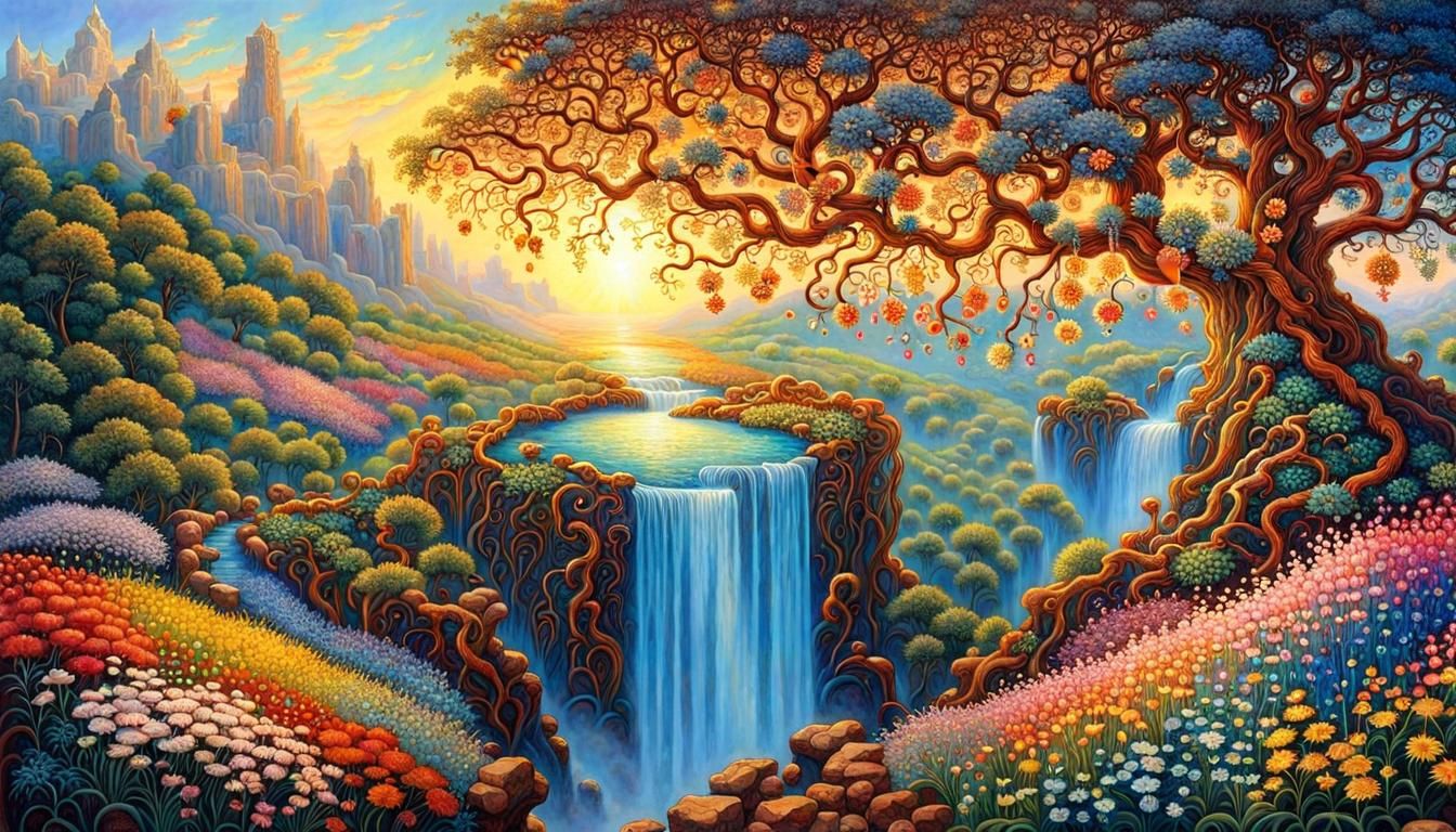 Tree of Life near Waterfall in Fantasy Art Style