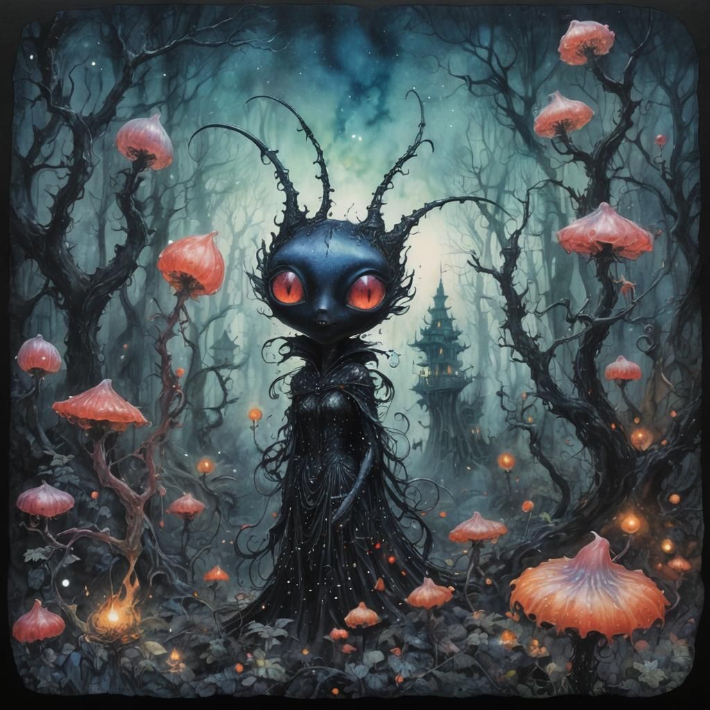 Dark Fairy in Surreal Watercolor Forest