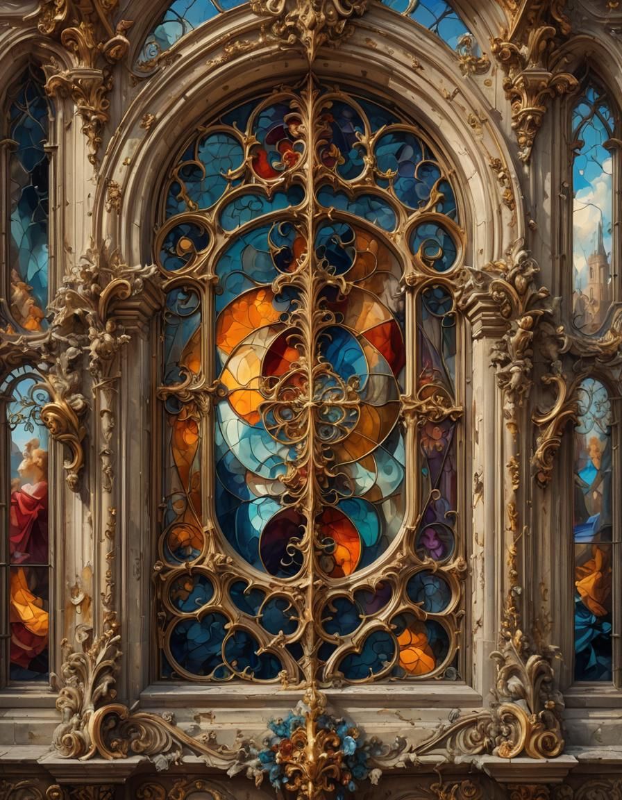 Rococo Window Transformed into Vibrant Fantasy Scene
