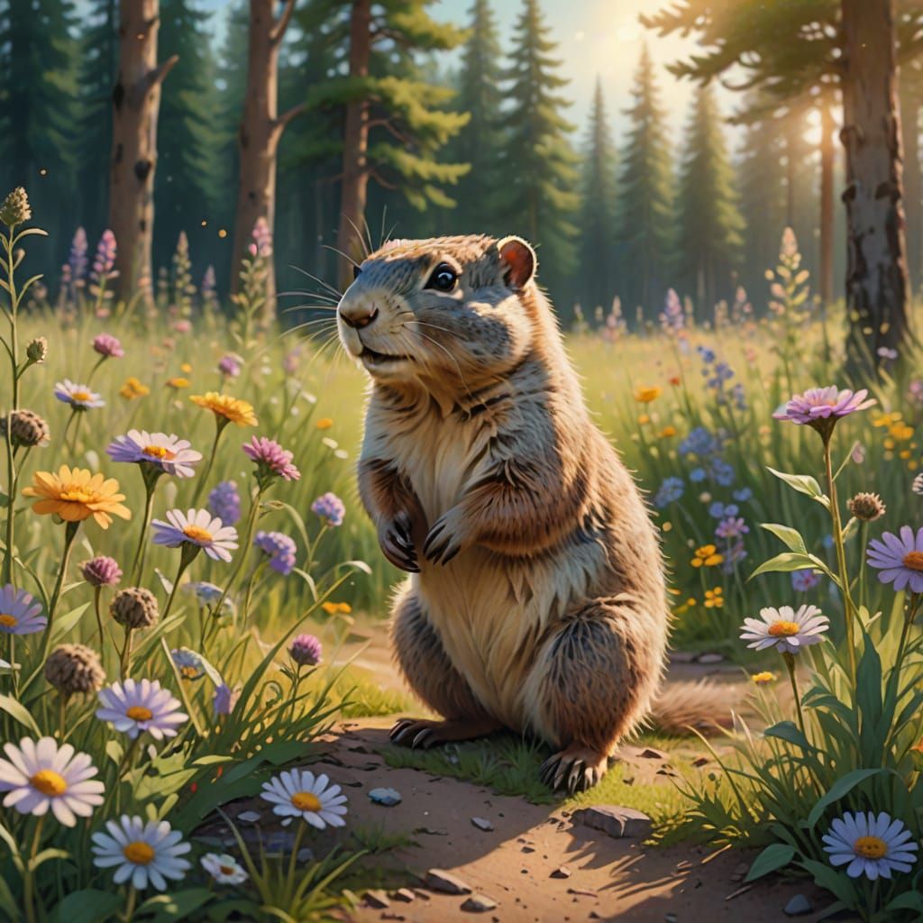 Cute Gopher in Dreamy Watercolor Landscape