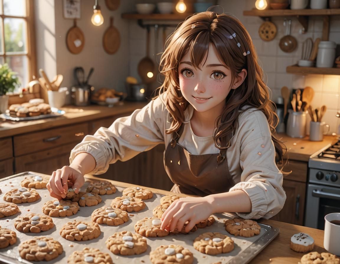 Anime Girl Baking Cookies in 3D Pastel Art