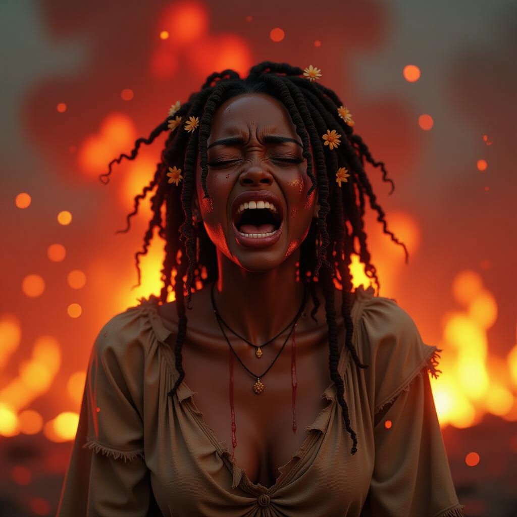 Anguished Woman in Fiery Inferno: 3D Anime Portrait