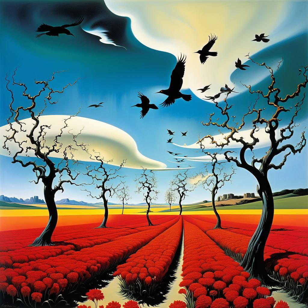 Surreal Landscape with Elastic Flora and Uncanny Eye