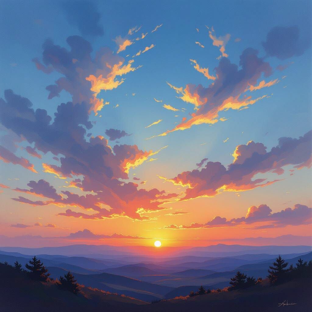 Dramatic Sunset Sky Painting with Golden Clouds