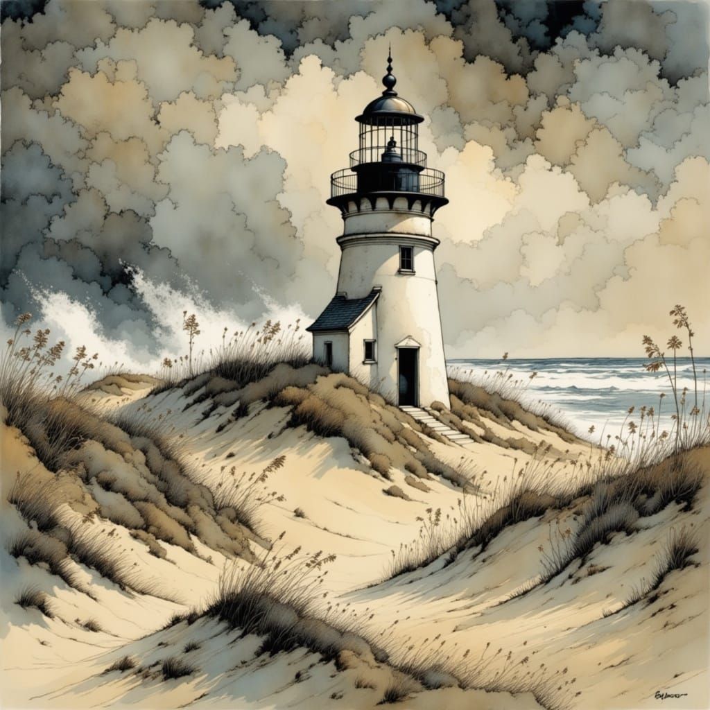 Majestic Lighthouse on Turbulent Dune, Stormy Evening
