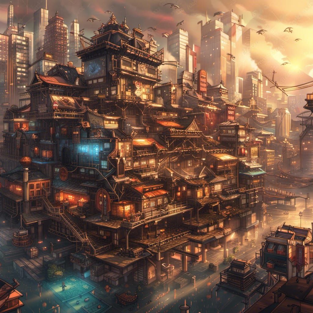 Futuristic Japanese Steampunk City: Hyperrealistic Concept A...