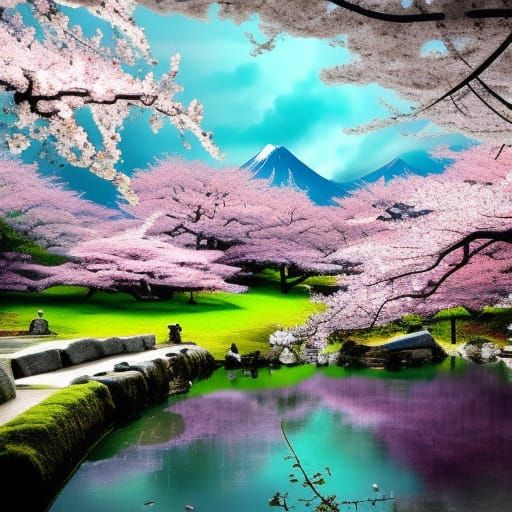 Japanese Garden with Cherry Blossoms: Digital Matte Painting