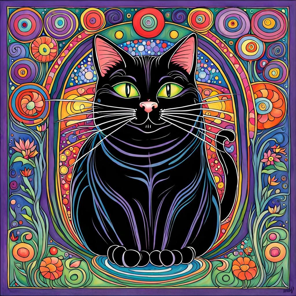 Grinning Black Cat in Louis Wain Style
