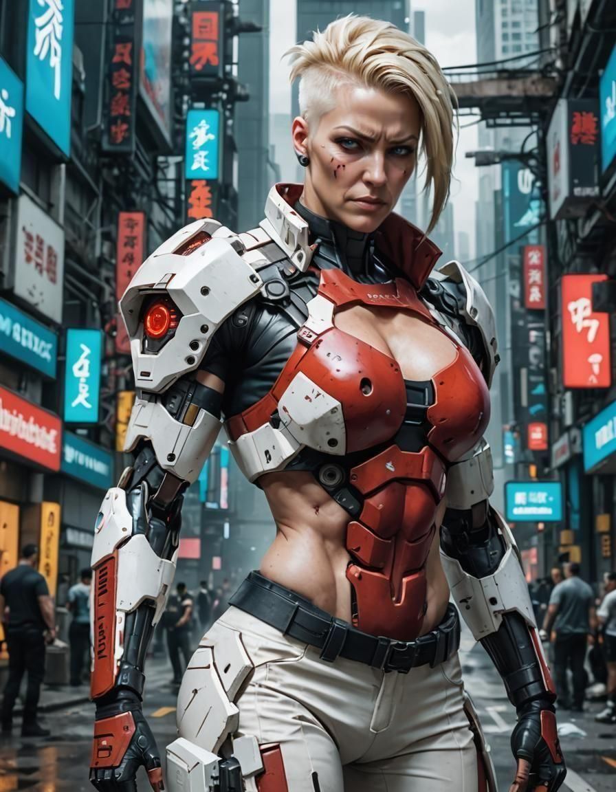 Cyberpunk Woman: Heavily Muscular Warrior in Red and White