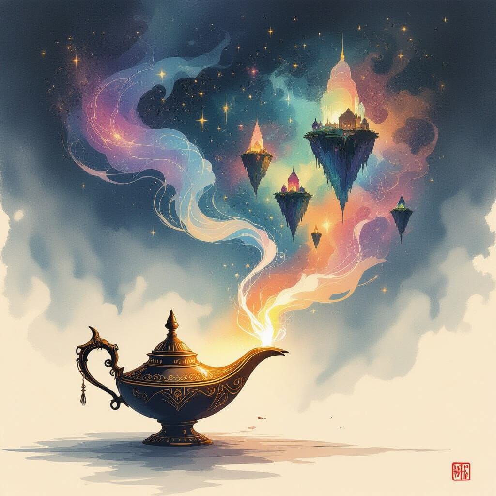 Mystical Genie Emerges From Ancient Lamp in Cosmic Scene