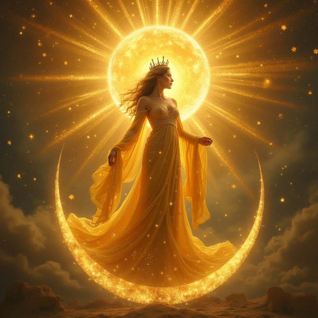Regal Woman Radiates Golden Sunlight with Crescent Moon and ...