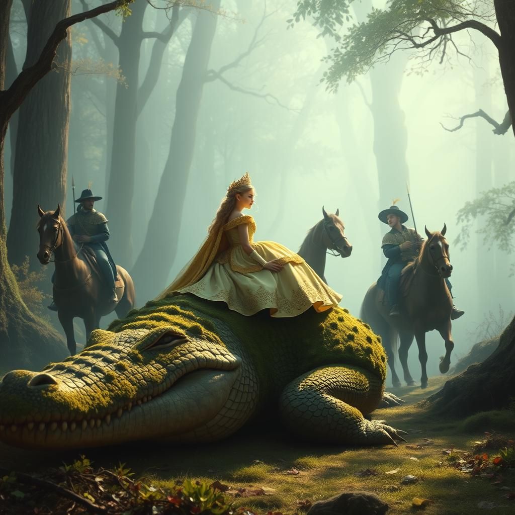 Princess Rides Crocodile in Mystical Forest